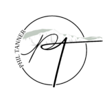 A stylised PT, with the Seven Sisters cliffs running along the top of the T. The letters appear inside a circle, with the text "PHIL TANNER" in a serif typeface curving around the left side of the circle.